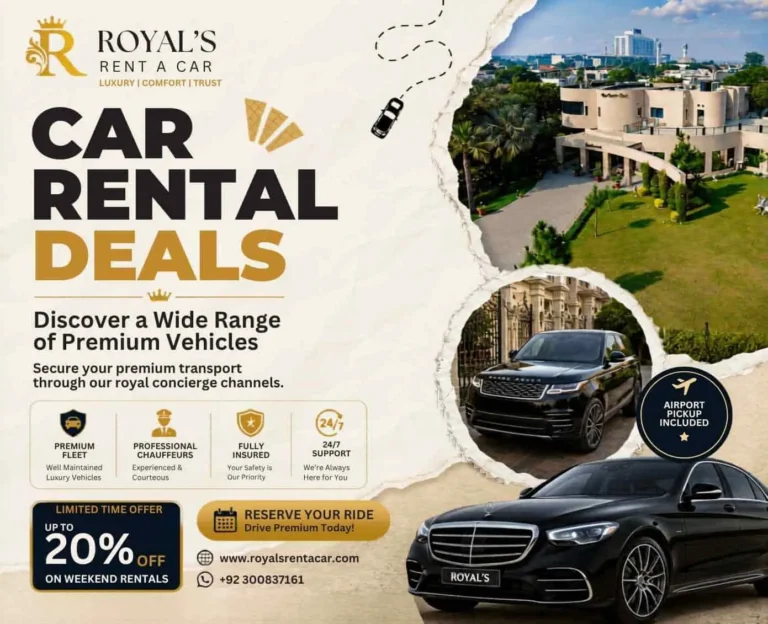 Luxury car rental promotional banner for Royalβs Rent A Car in Lahore featuring premium chauffeur services, airport pickup, luxury SUVs, and executive sedans with a modern beige and gold design.